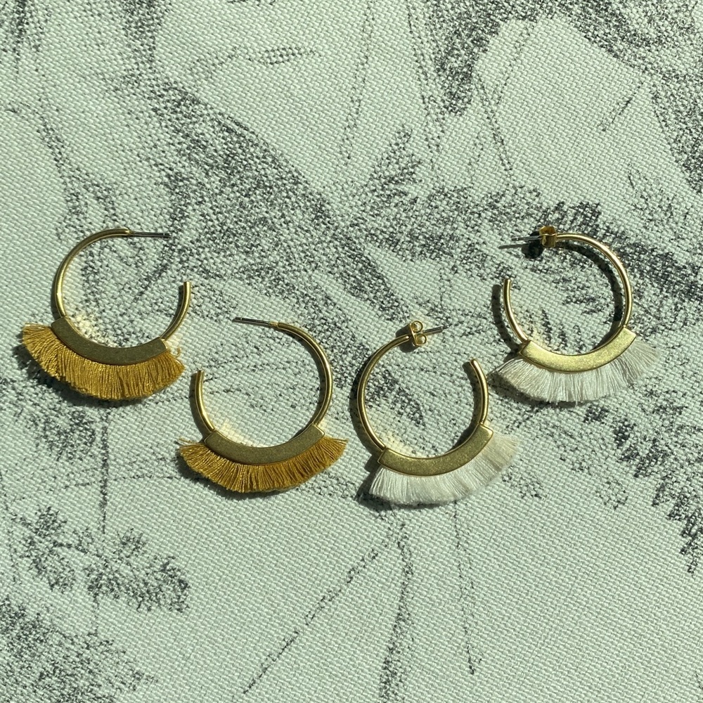 Two pair of Madewell Gold and Cream Fringe Hoop Earrings